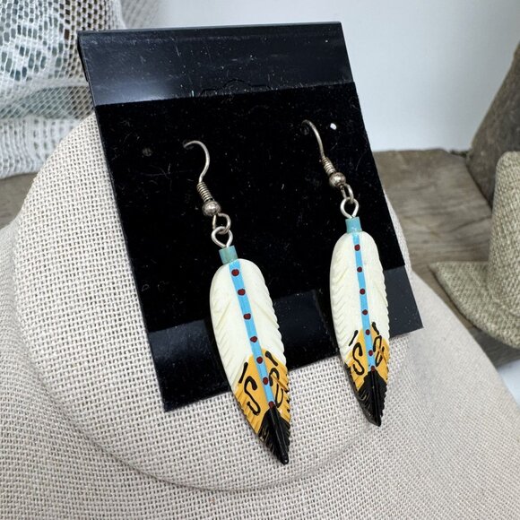 Handcrafted Feather Dangle Earrings With Tribal Design Pierced French Hooks - Picture 3 of 4